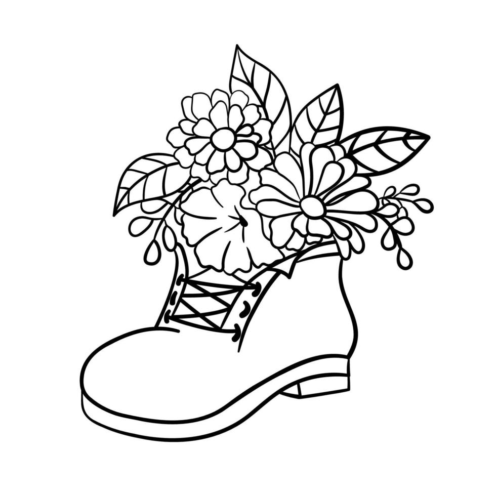 An old shoe with flowers. Vector illustration in outline style. Floral boot.