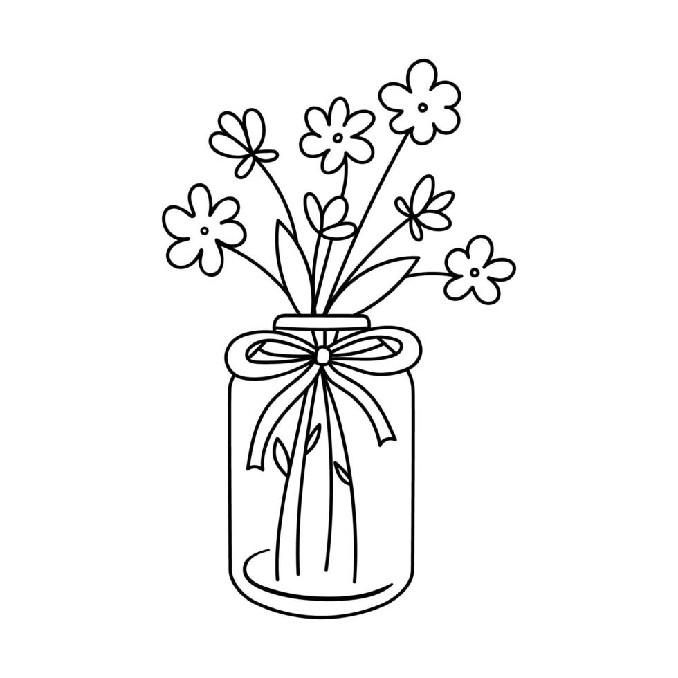 flores en tarro. flores silvestres en botella de vidrio. ilustración de contorno vectorial aislado en blanco para colorear libro vector