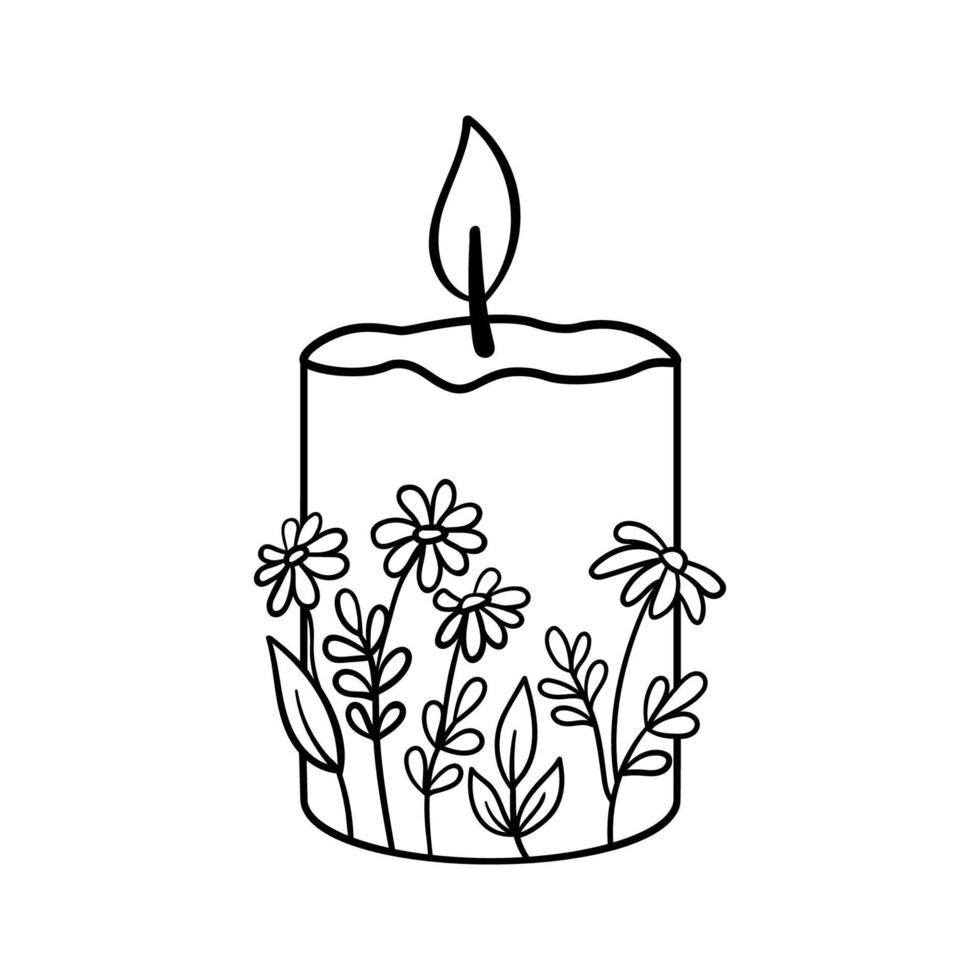 Candle with flowers hand drawn. Vector burning candle sketch isolated on white background for coloring book
