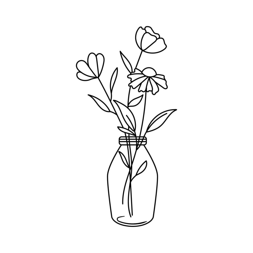 Flowers in jar. Wildflowers in glass bottle. Vector outline illustration isolated on white for coloring book