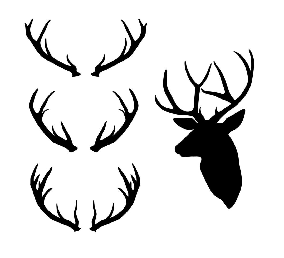 A set of silhouettes of deer or elk antlers. Vector black deer head.