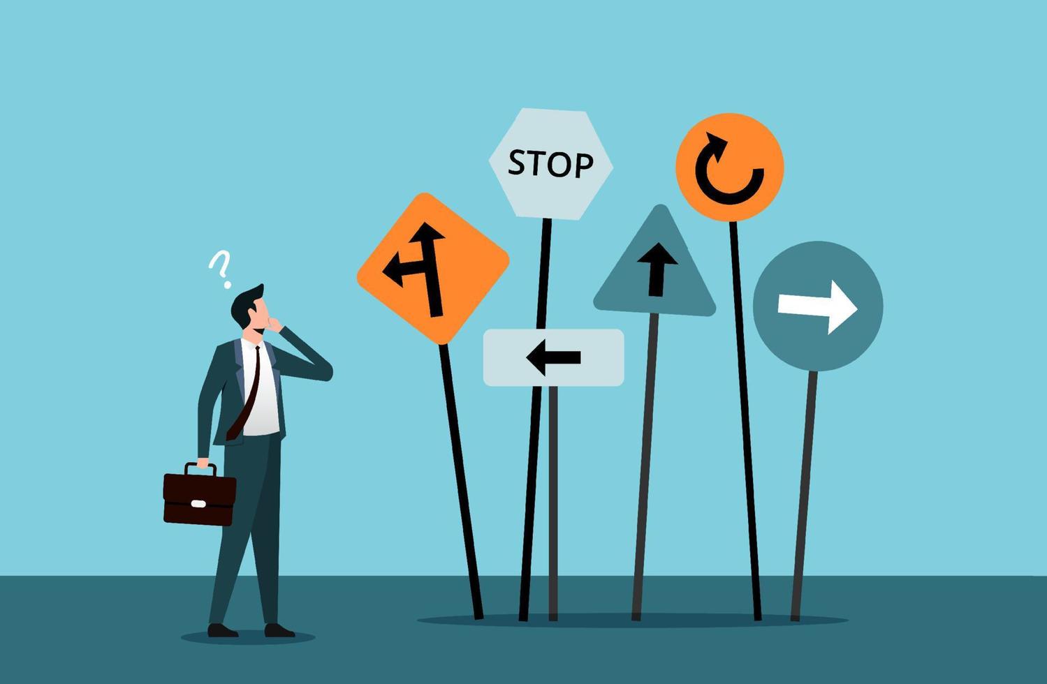 BigBusiness decision making, career path, choose the right way to success concept, confusing businessman looking at multiple road sign with question mark and thinking symbol. vector