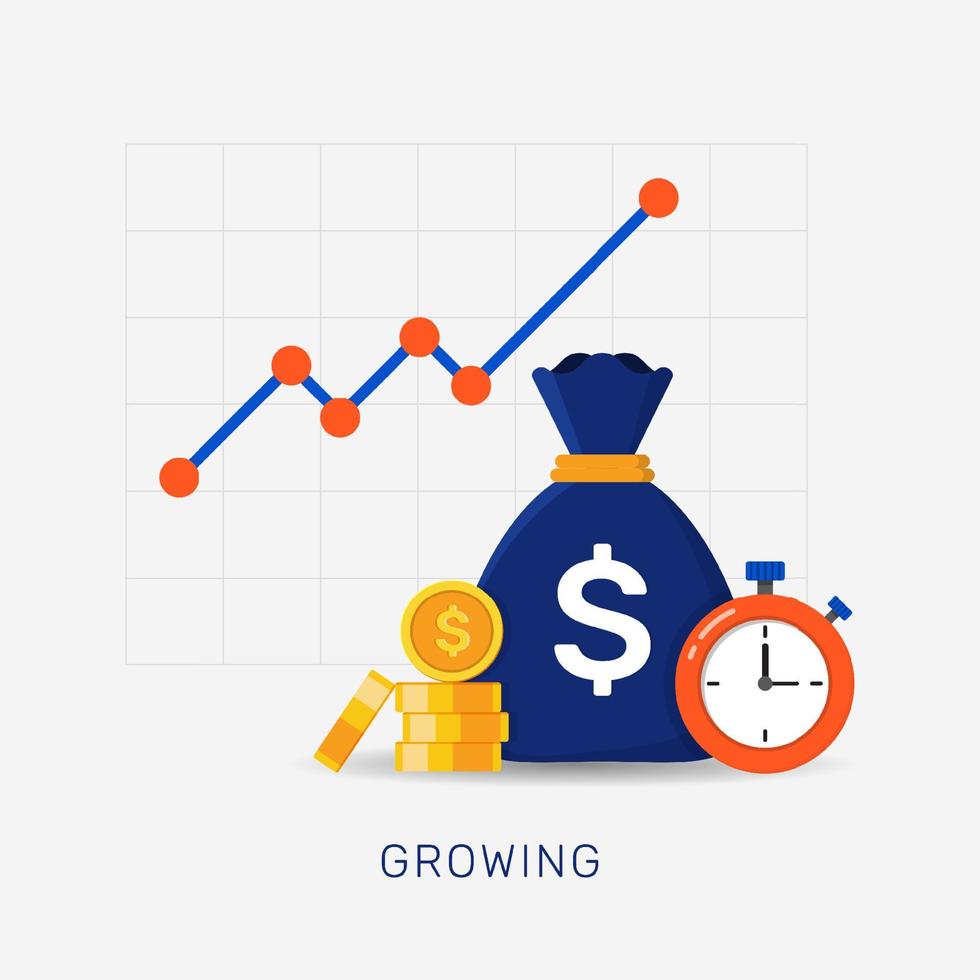 crecimiento de las finanzas empresariales con pila de dinero, cronómetro y símbolo de monedas vector