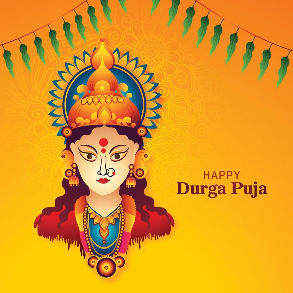 Goddess durga face in happy durga puja subh navratri card background vector