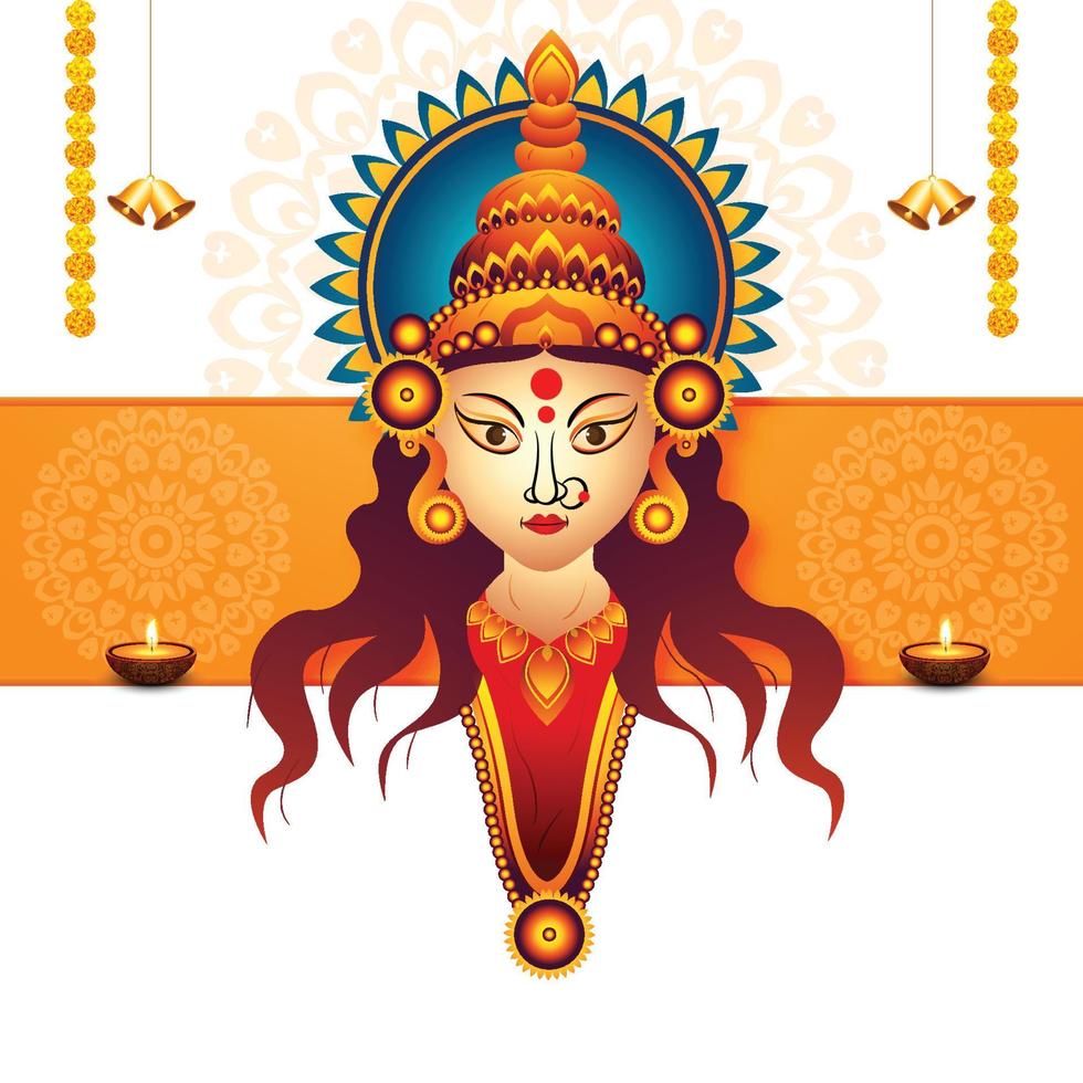 Goddess durga face in happy durga puja subh navratri card background vector