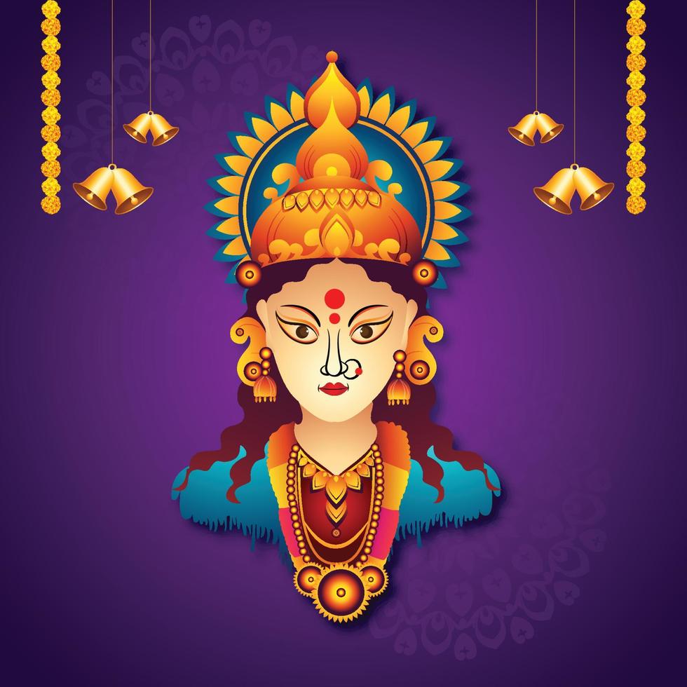 Illustration of goddess durga face in happy durga puja subh navratri card background vector