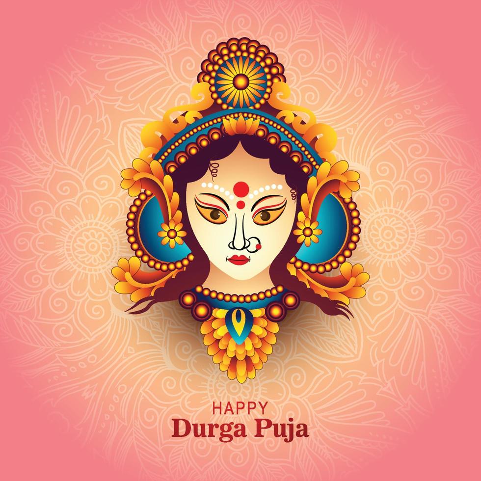 Goddess durga face in happy durga puja card background vector