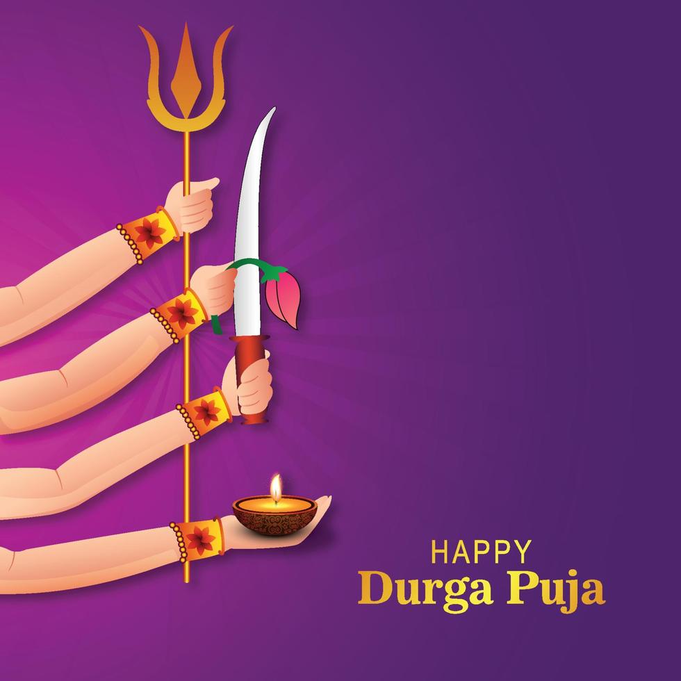 Goddess durga hands on happy durga puja holiday card background vector