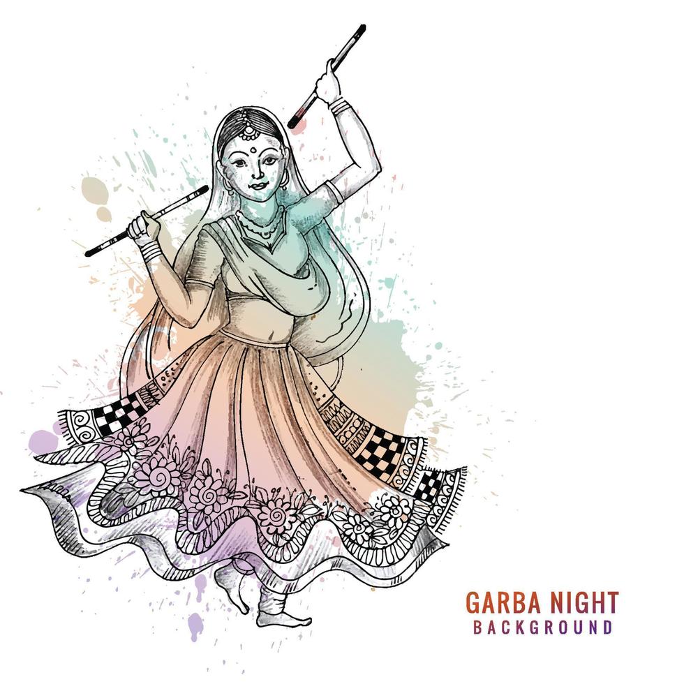 Beautiful woman playing dandiya in disco garba night sketch design vector
