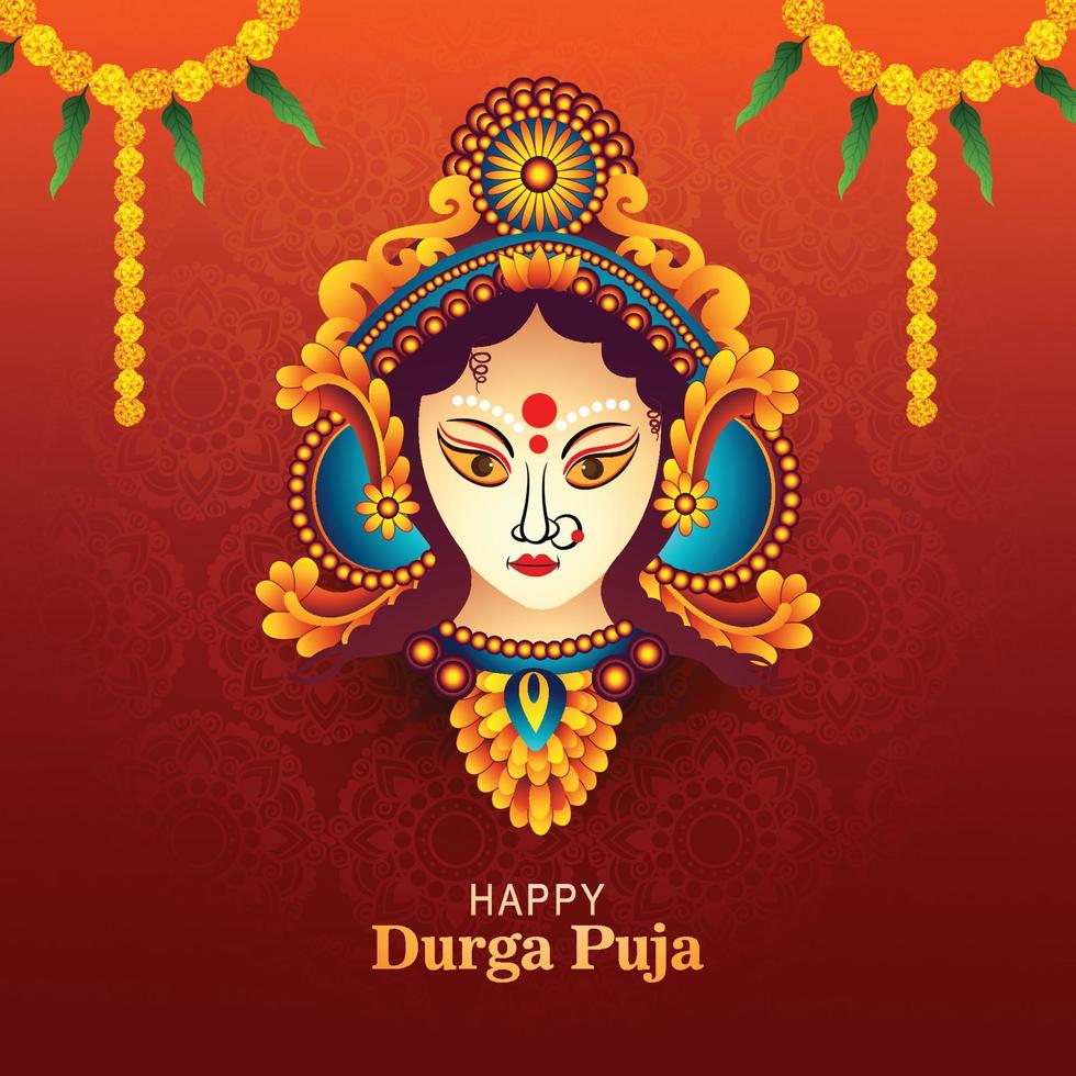 Goddess durga face in happy durga puja card background vector