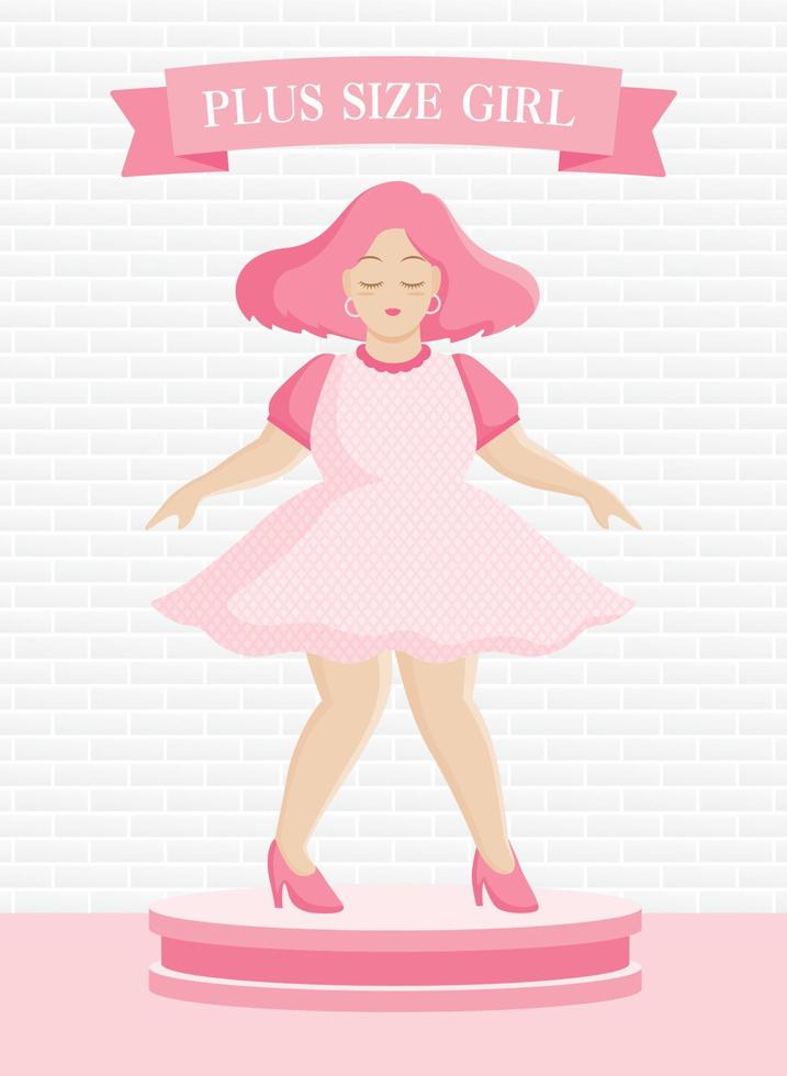 lindo personaje de dibujos animados de mujer de talla grande con vector de ilustración de vestido rosa dulce