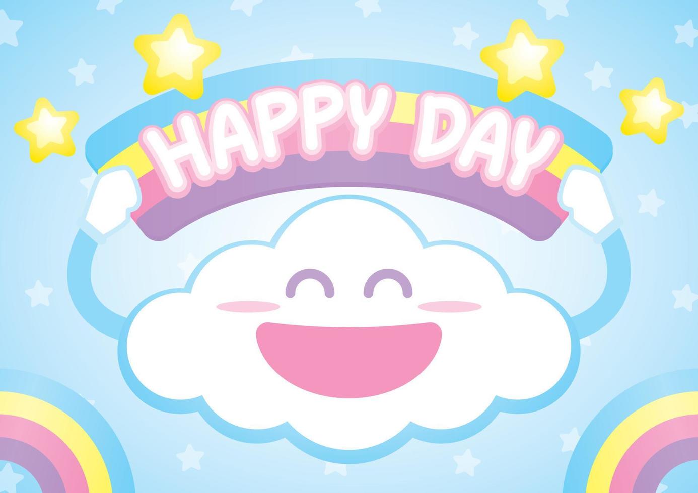 cute kawaii cloud is smiling and holding rainbow sign with the phrases happy day on blue sky with gold stars and rainbow illustration vector