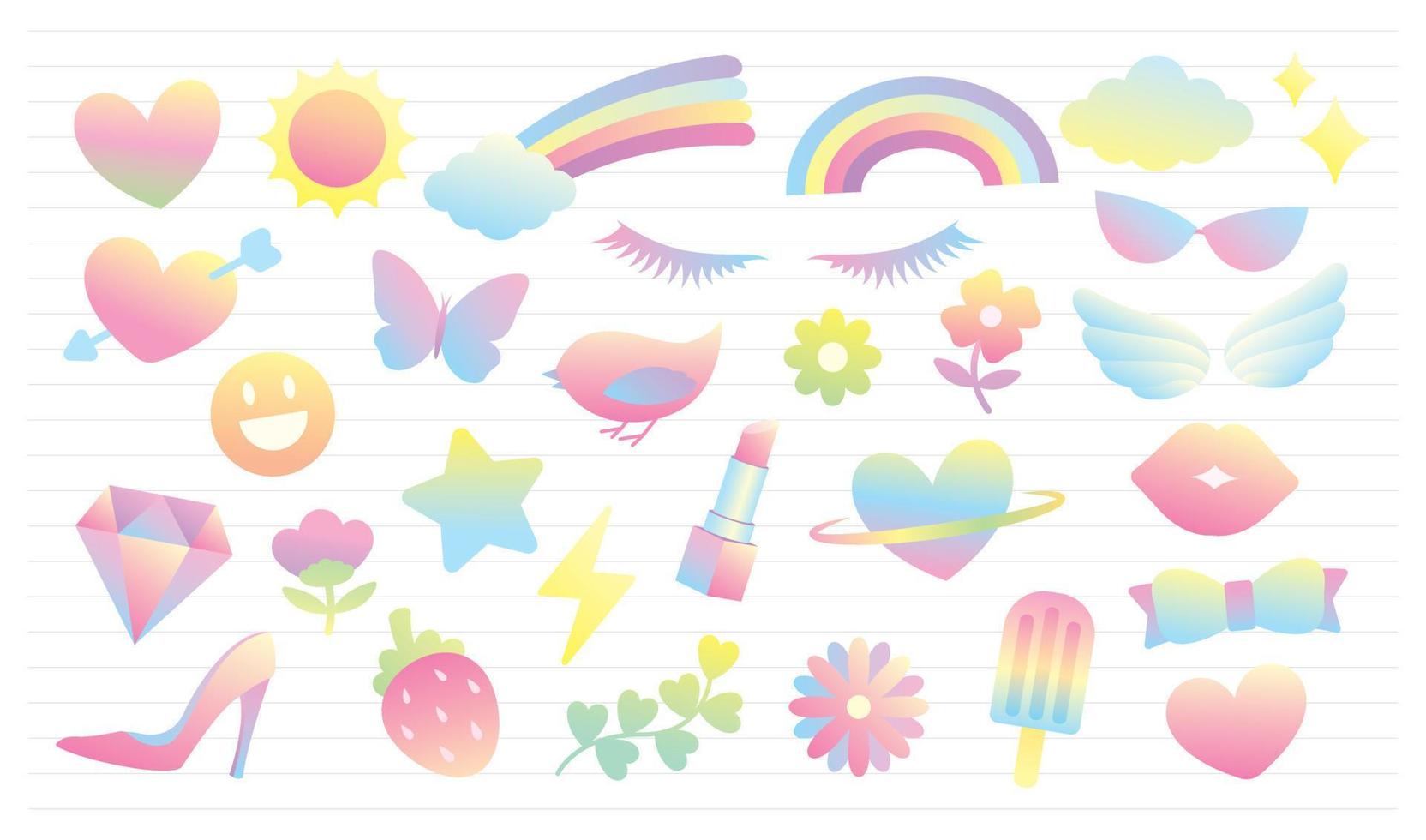 cute trendy girly sweet pastel gradient color graphic elements vector set