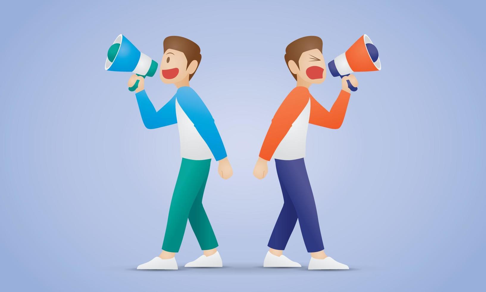 the man on left side is happily announcing something and the man on right side is shouting out loud. good and bad communication concept illustration vector