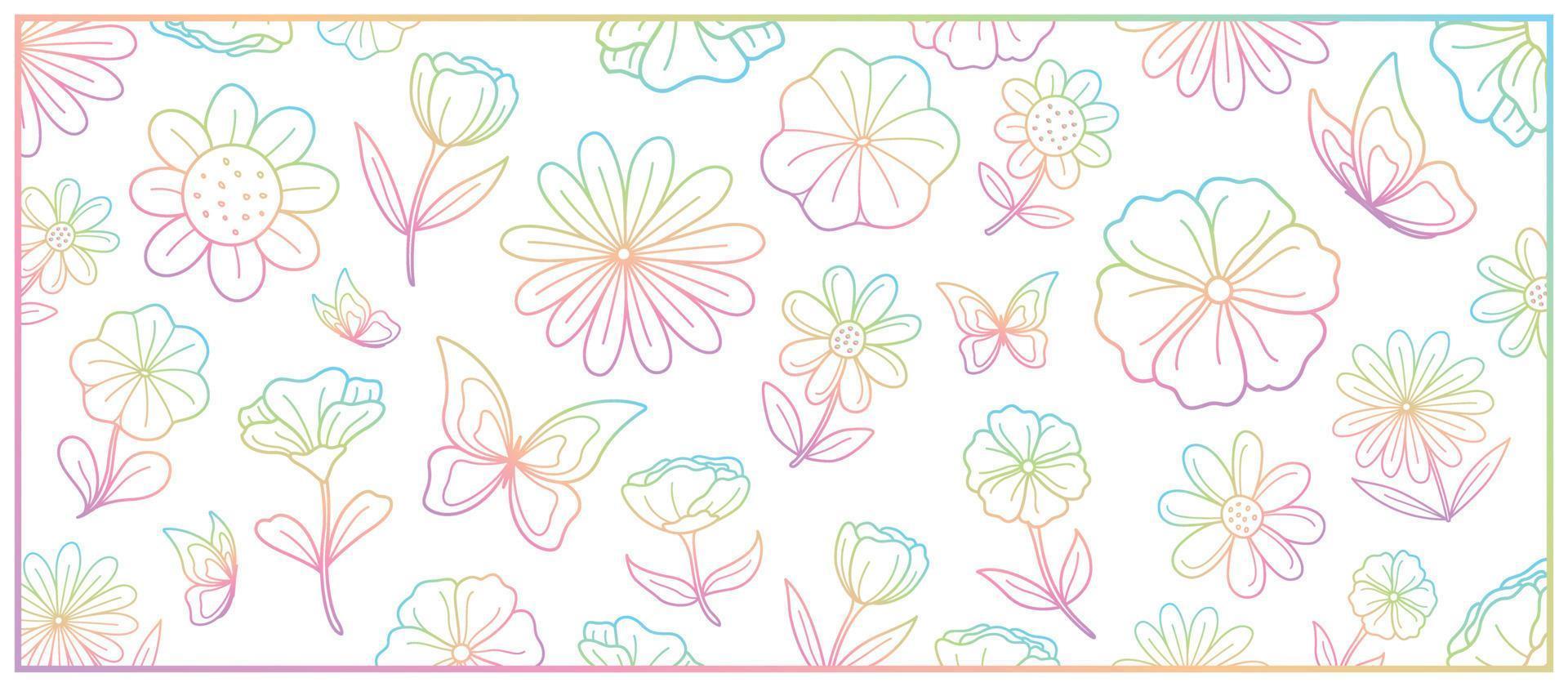 beautiful hand drawn flowers and butterfly graphic outline vector in sweet gradient color theme