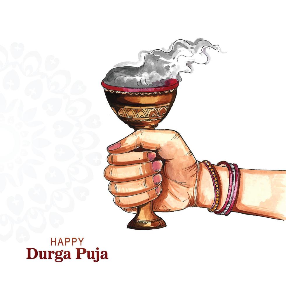 Hand holding durga puja clay dhunuchi with smoke indian puja festival background vector