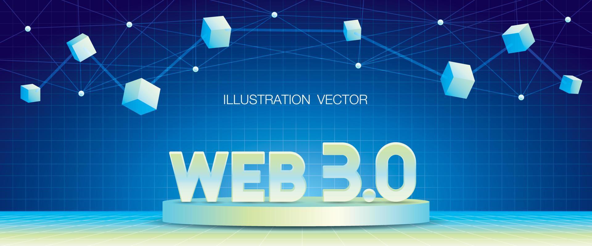 texto web 3.0 en vector de ilustración 3d de podio con elemento gráfico blockchain en fondo futurista de patrón de cuadrícula ancha