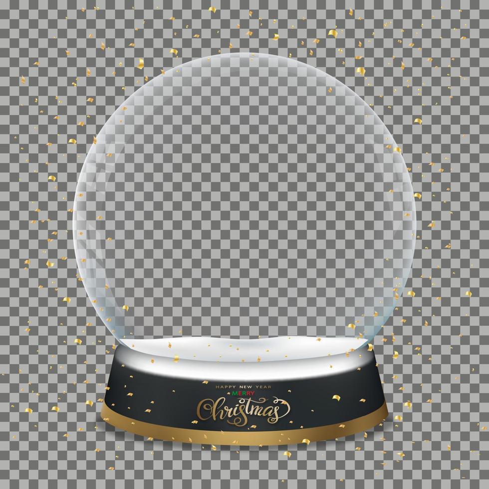 Snow Globe with gold elements falling, Vector illustration Empty Crystal 3d Sphere. Transparent magic glass ball for Merry Christmas or New Year gift