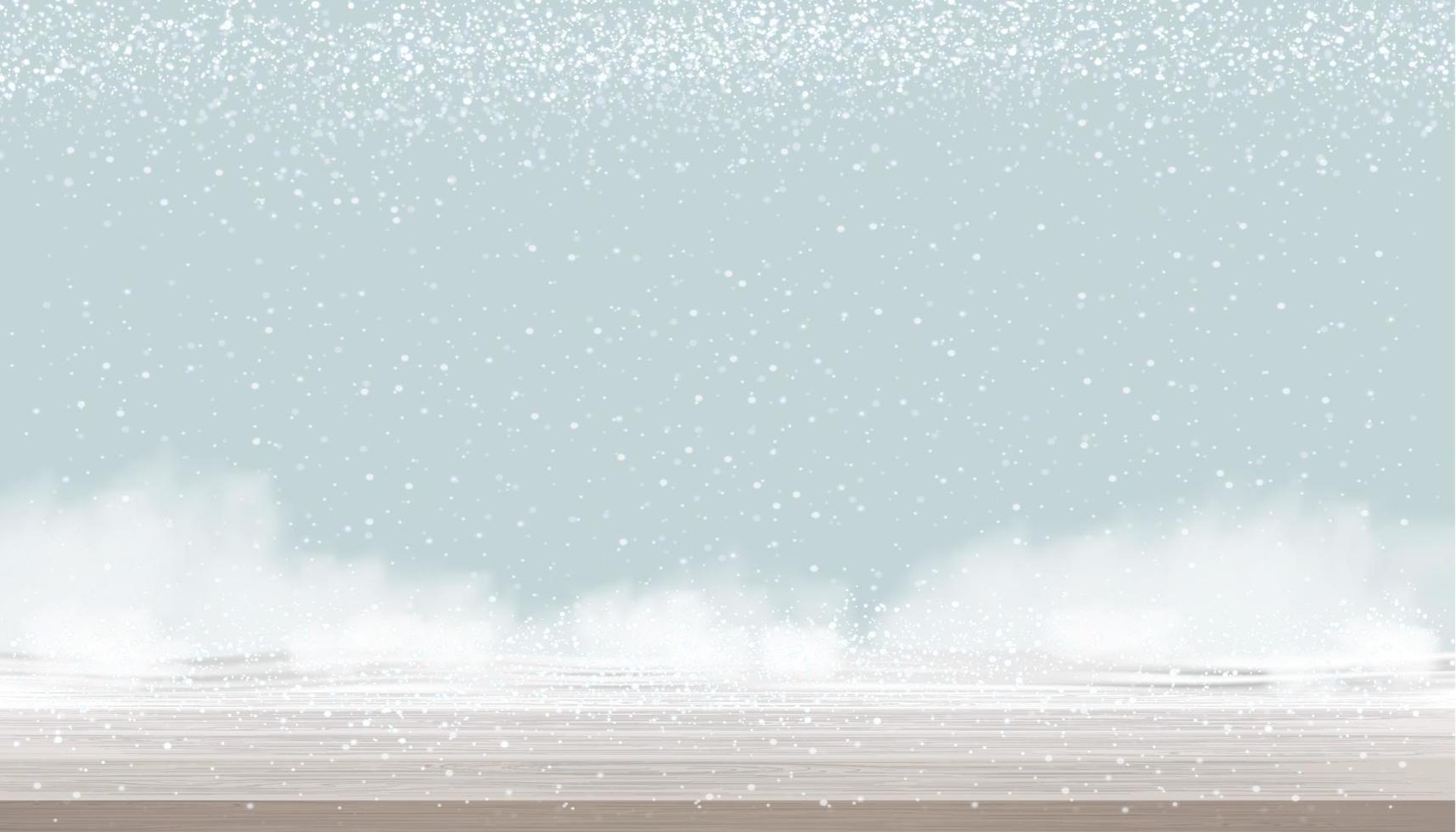Winter scene empty wood table top with snowing on blue sky background.Vector banner of Wooden texture for holiday backdrop on Christmas and New Year promotion or Sale concept vector