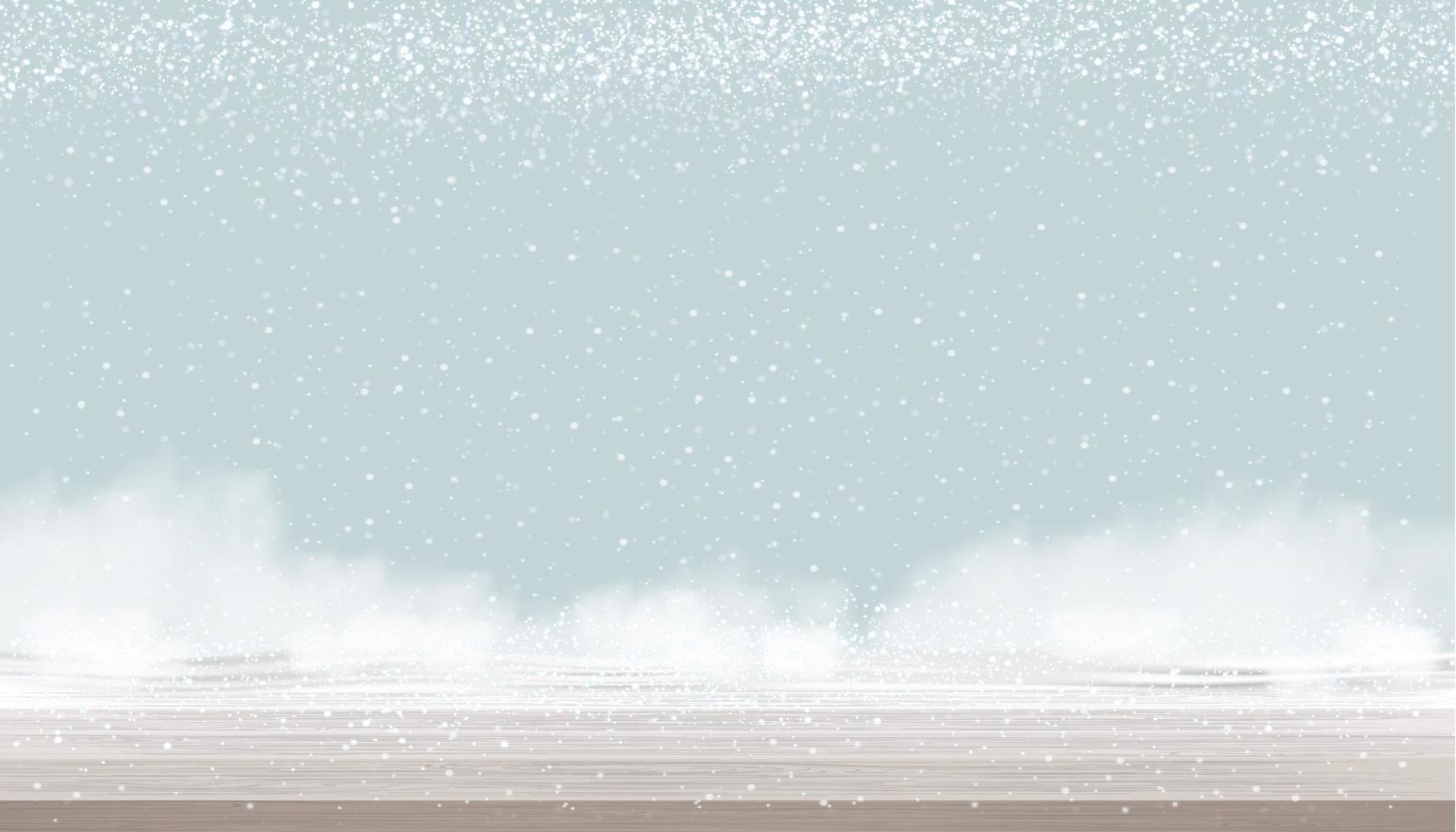 escena de invierno mesa de madera vacía con nieve sobre fondo de cielo azul.banner vectorial de textura de madera para el telón de fondo de vacaciones en concepto de promoción o venta de navidad y año nuevo vector