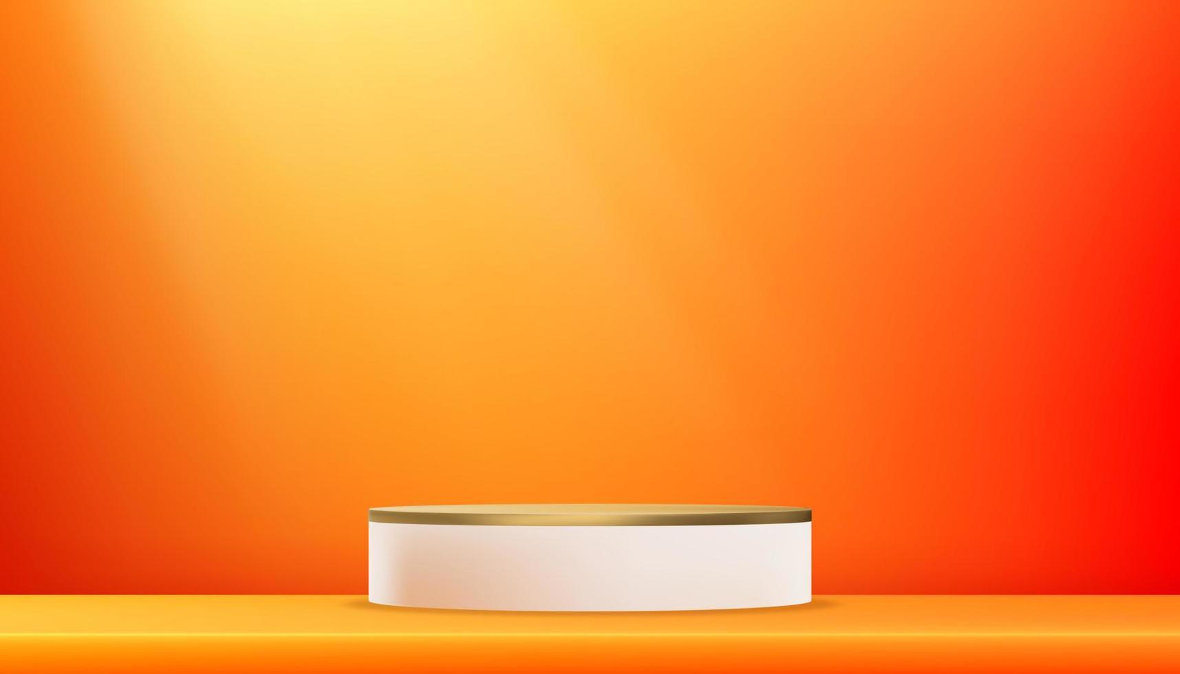 Studio room display with podium stand on Orange wall background,Vector 3D cylinder in gallery room,Minimal illustration showcase for Product presentation for sales for Autumn, Fall vector
