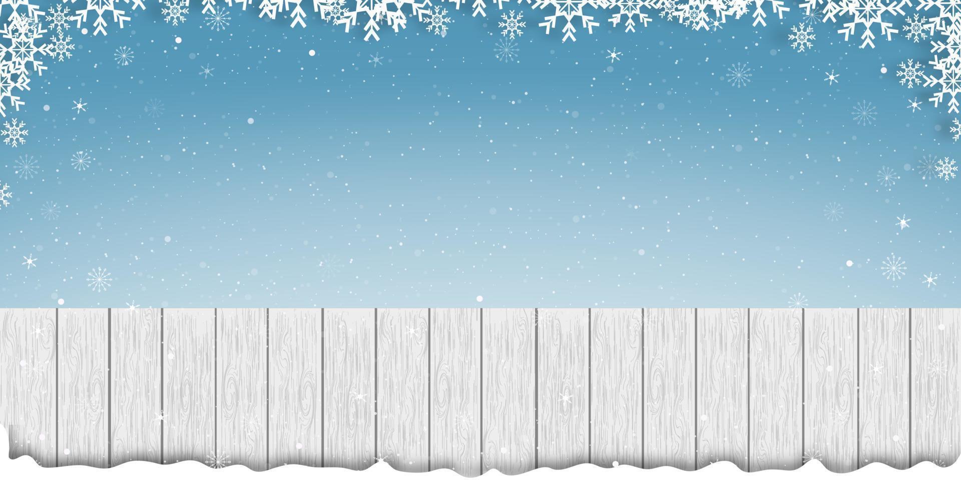 madera blanca con marco de copos de nieve sobre fondo de cielo azul, banner vectorial de textura de madera con escena de invierno para el telón de fondo de vacaciones en navidad y año nuevo promoción o concepto de venta vector