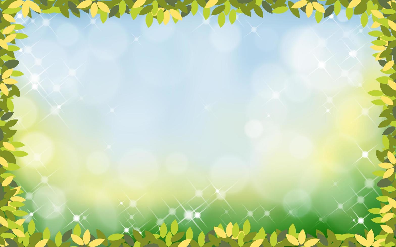 fondo de naturaleza vectorial de verano con boder de hojas verdes, ramas de marco de primavera con efecto de luz bokeh borroso abstracto. pancarta tamplate para el fondo de pascua o primavera vector