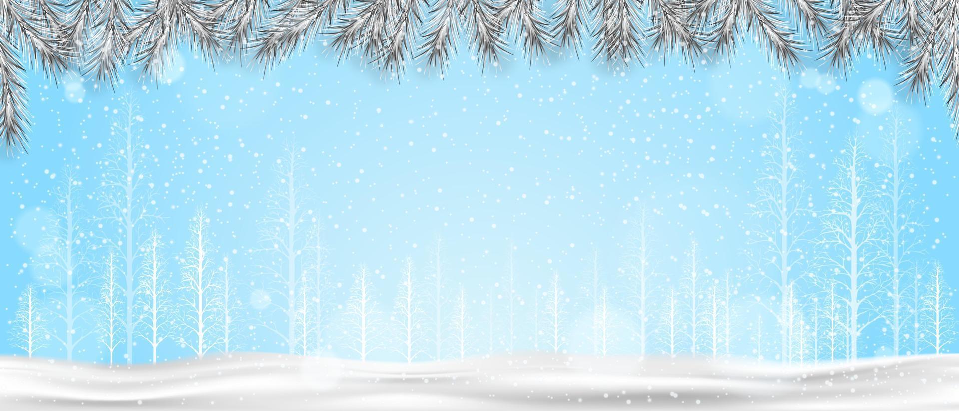 guirnalda de plata de navidad con nieve cayendo. borde de navidad de ramas de abeto, nieve en el piso, bosque de pinos blancos sobre fondo de cielo azul. diseño de decoración vectorial para año nuevo, tarjeta de felicitación de feliz navidad vector