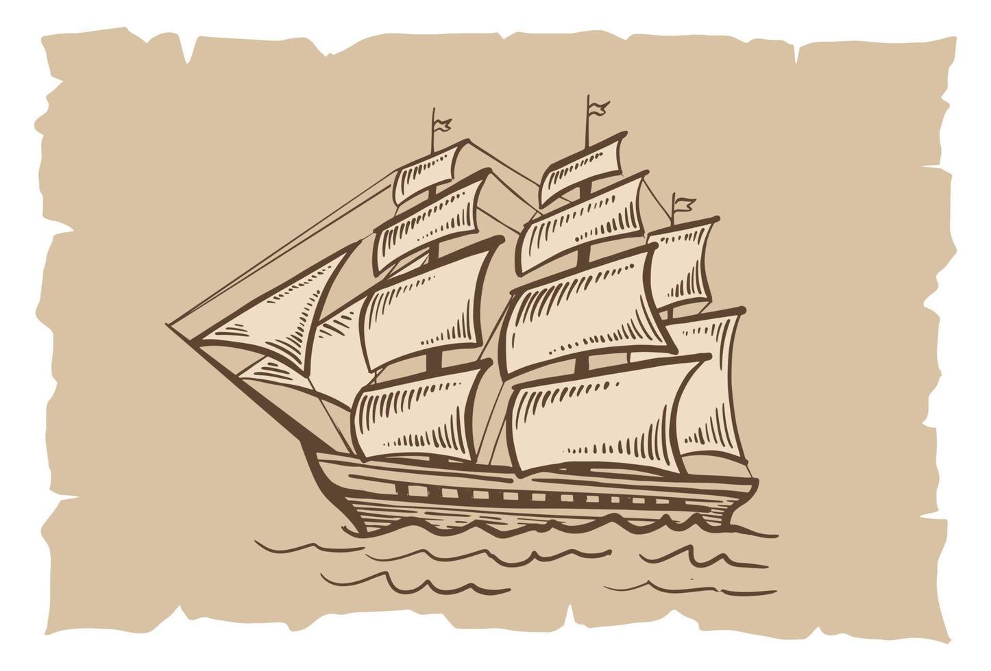 Old vintage sailboat. Hand drawn vector sketch