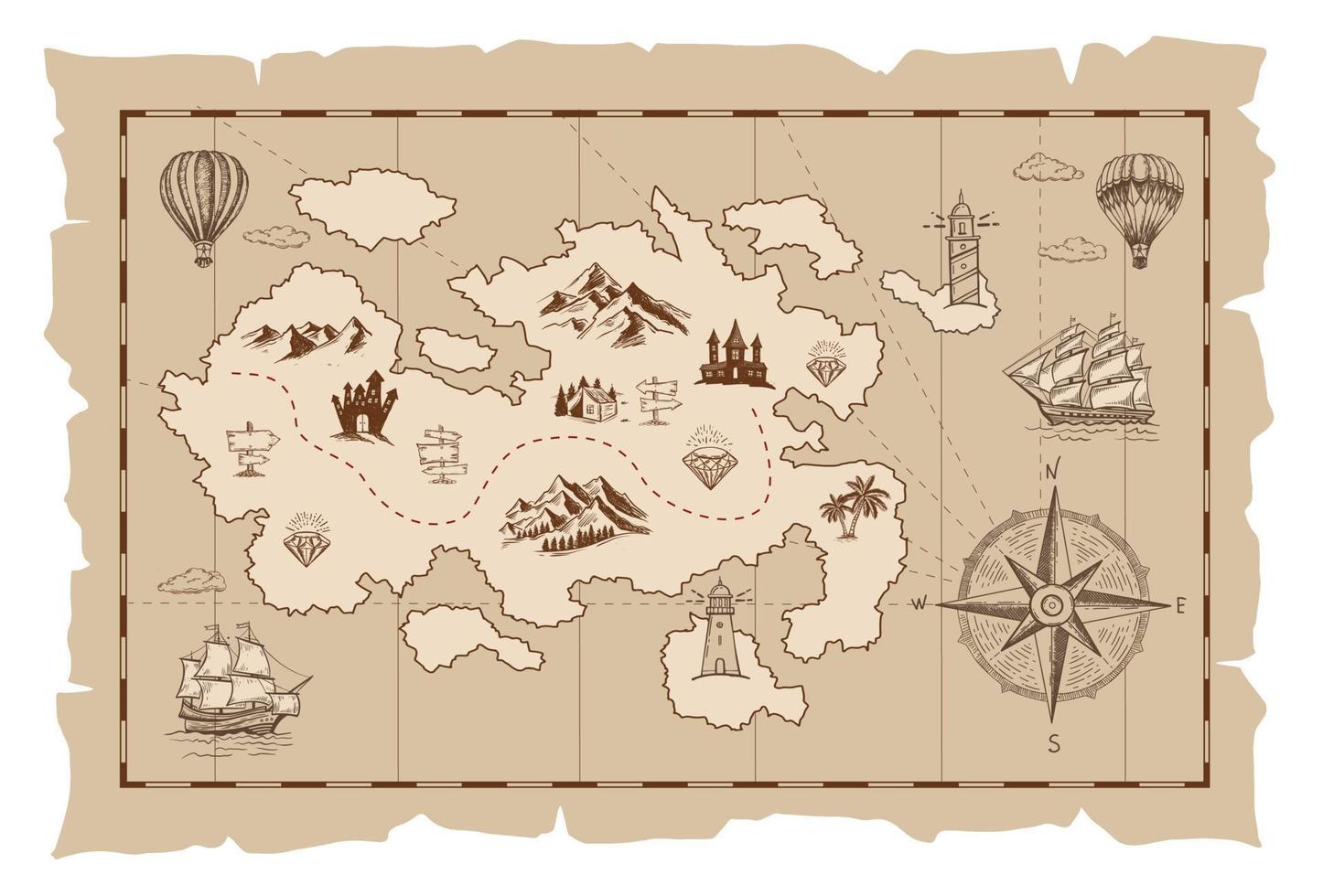 Old treasure map vector sketch. Hand drawn illustrations, vector.