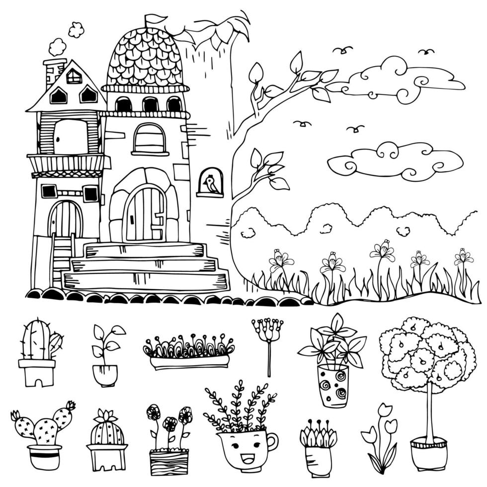 Doodle drawing home and plant vector