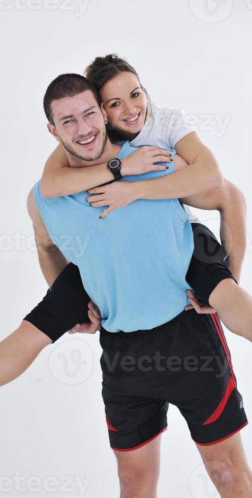 happy young couple fitness workout and fun photo