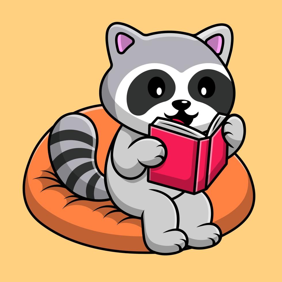 lindo libro de lectura de mapache en la ilustración de icono de vector de dibujos animados de almohada. concepto de dibujos animados plana