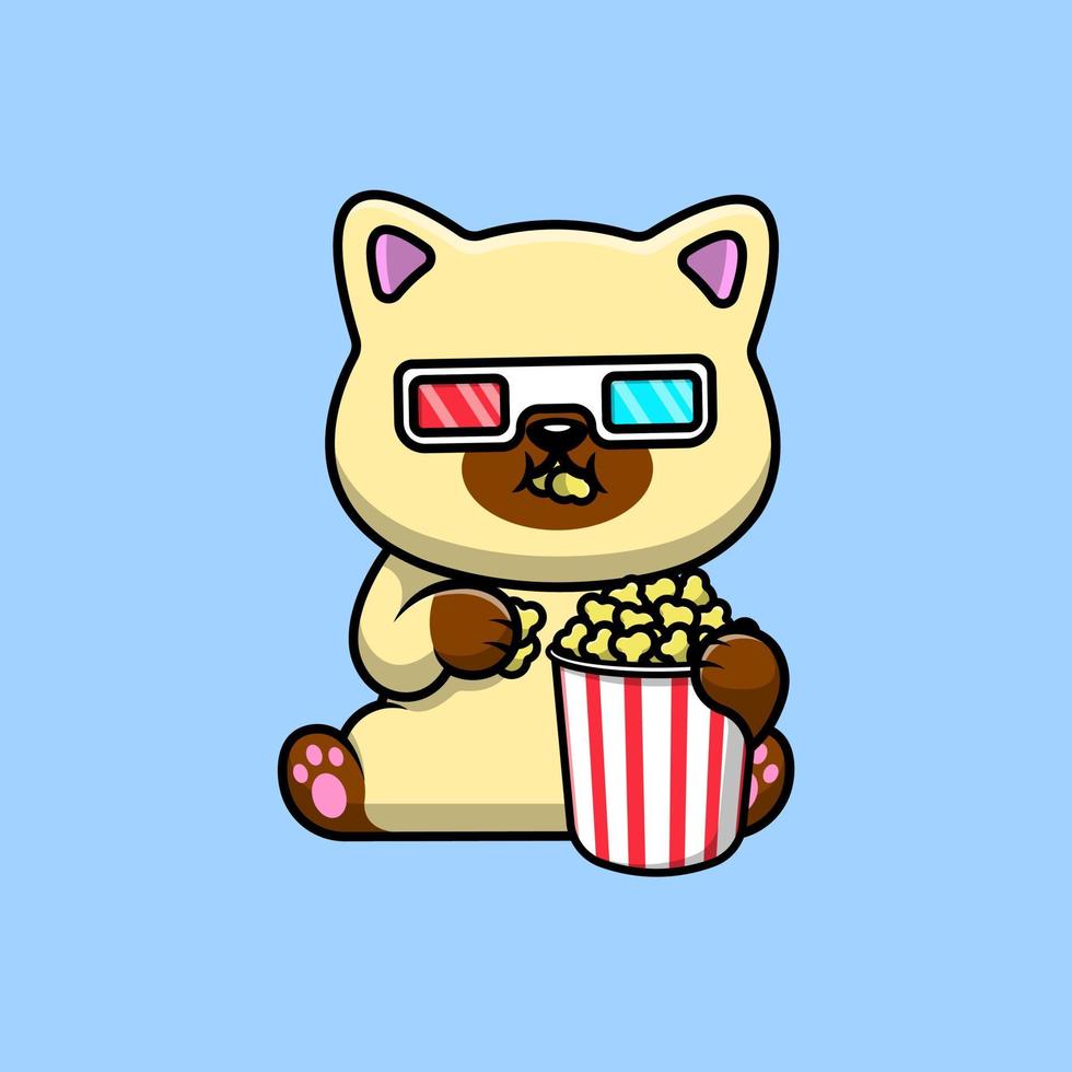 lindo gato viendo la película con la ilustración del icono del vector de dibujos animados de palomitas de maíz. concepto de dibujos animados plana