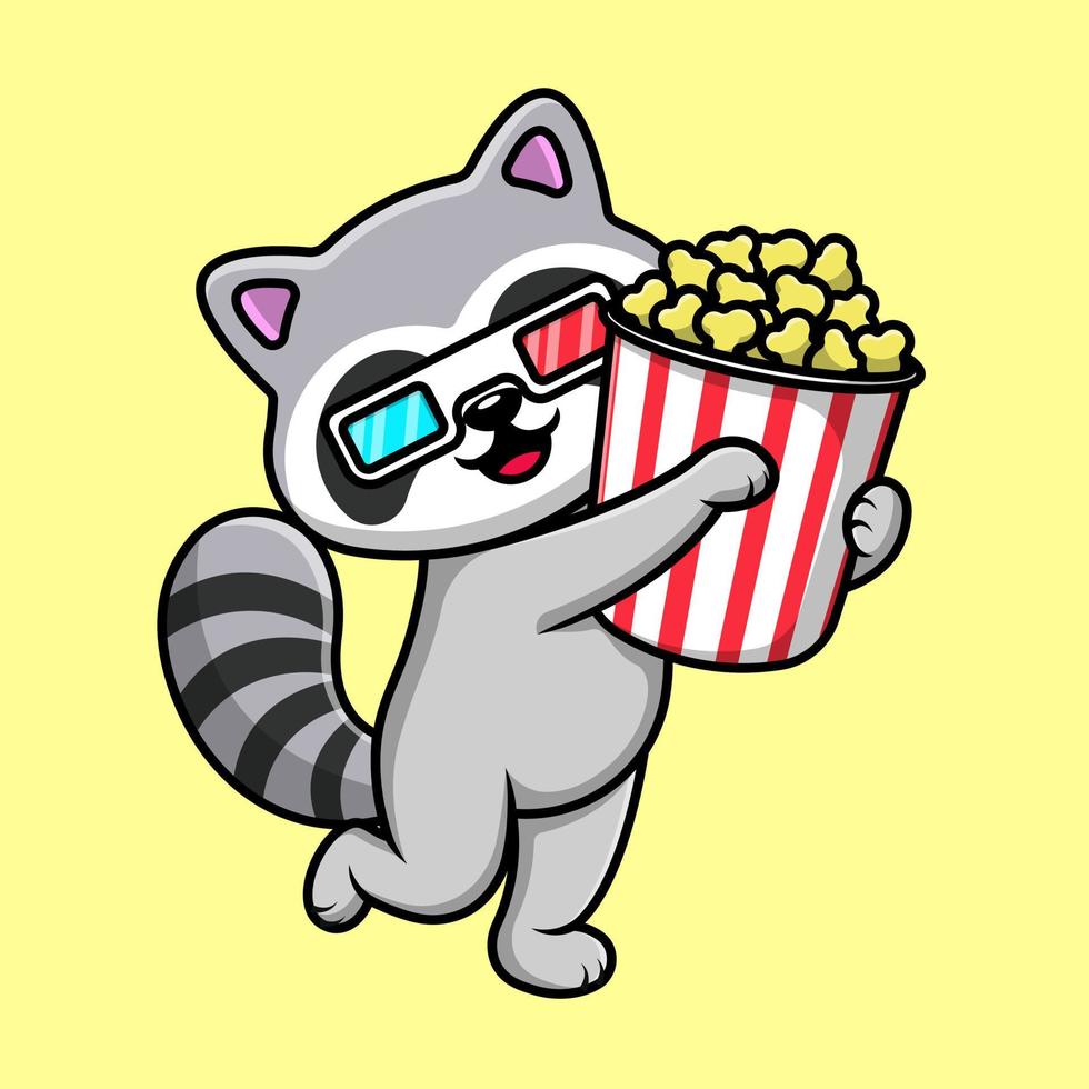 Cute Raccoon Holding Popcorn And Wearing 3d Movie Glasses Cartoon Vector Icon Illustration. Flat Cartoon Concept