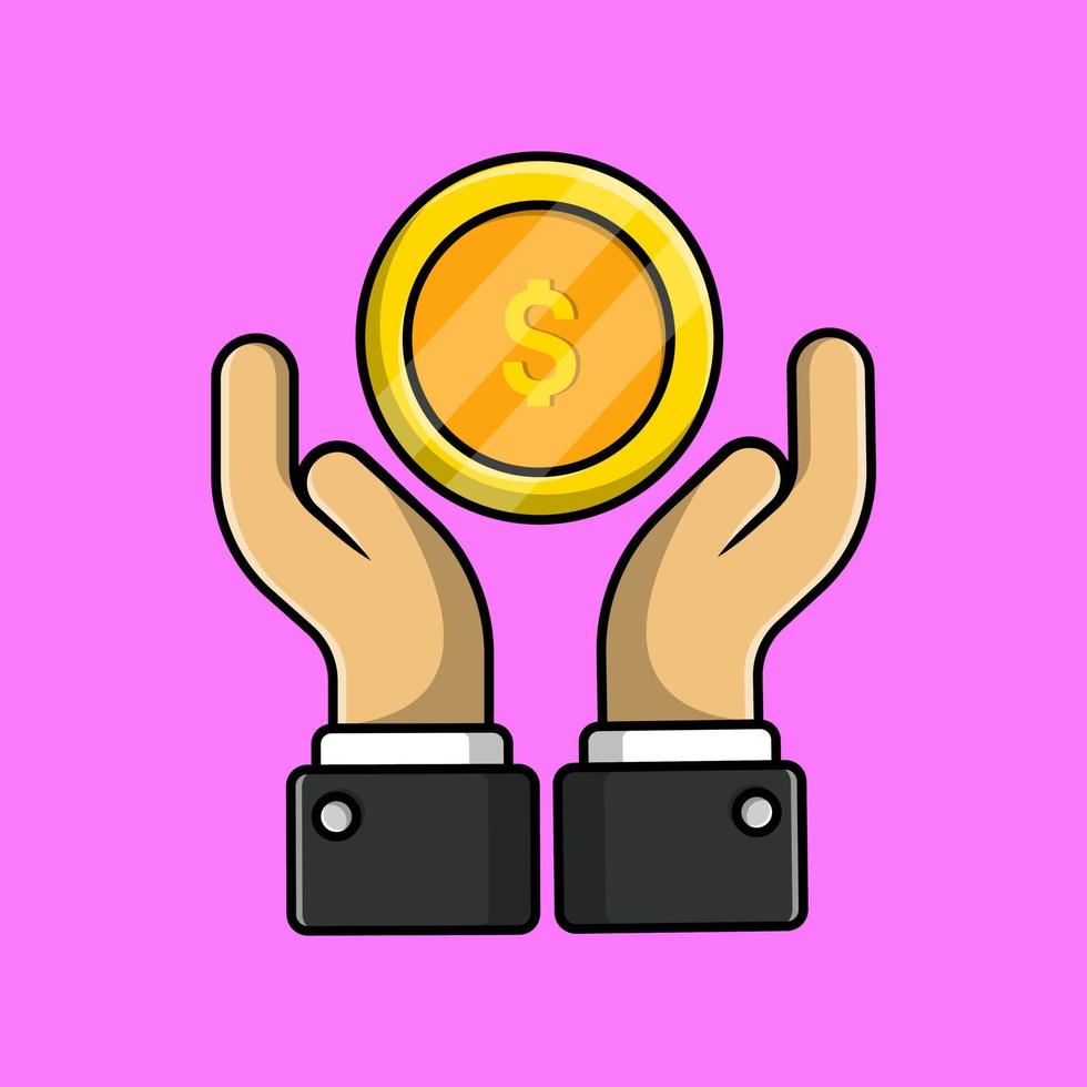 Hand With Gold Coin Cartoon Vector Icon Illustration. Flat Cartoon Concept