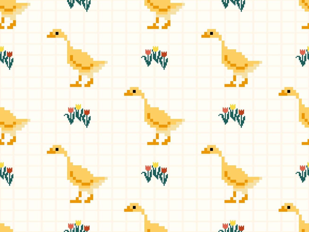 Duck cartoon character seamless pattern on yellow background. Pixel style vector