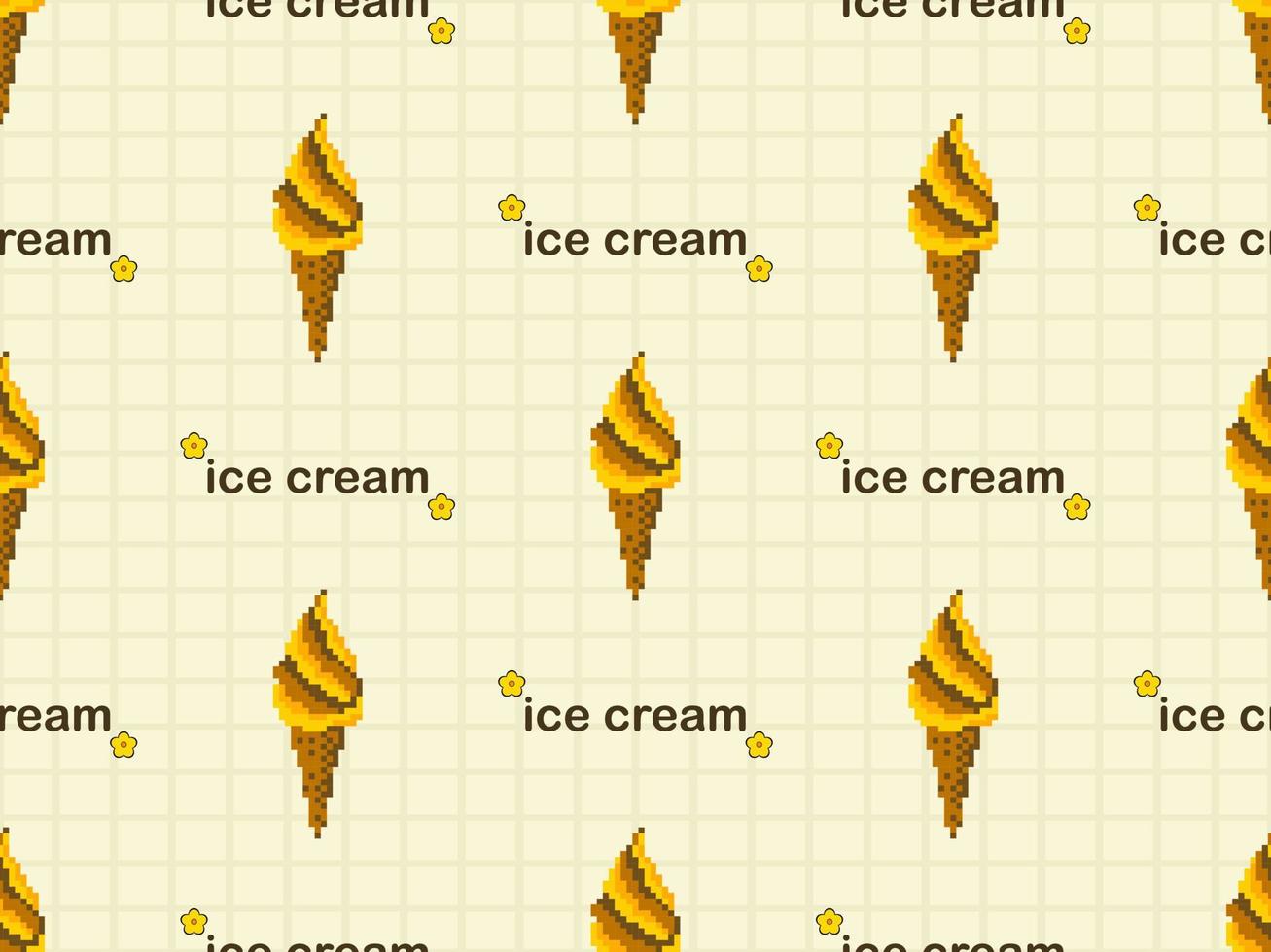 Ice cream cartoon character seamless pattern on yellow background. Pixel style vector