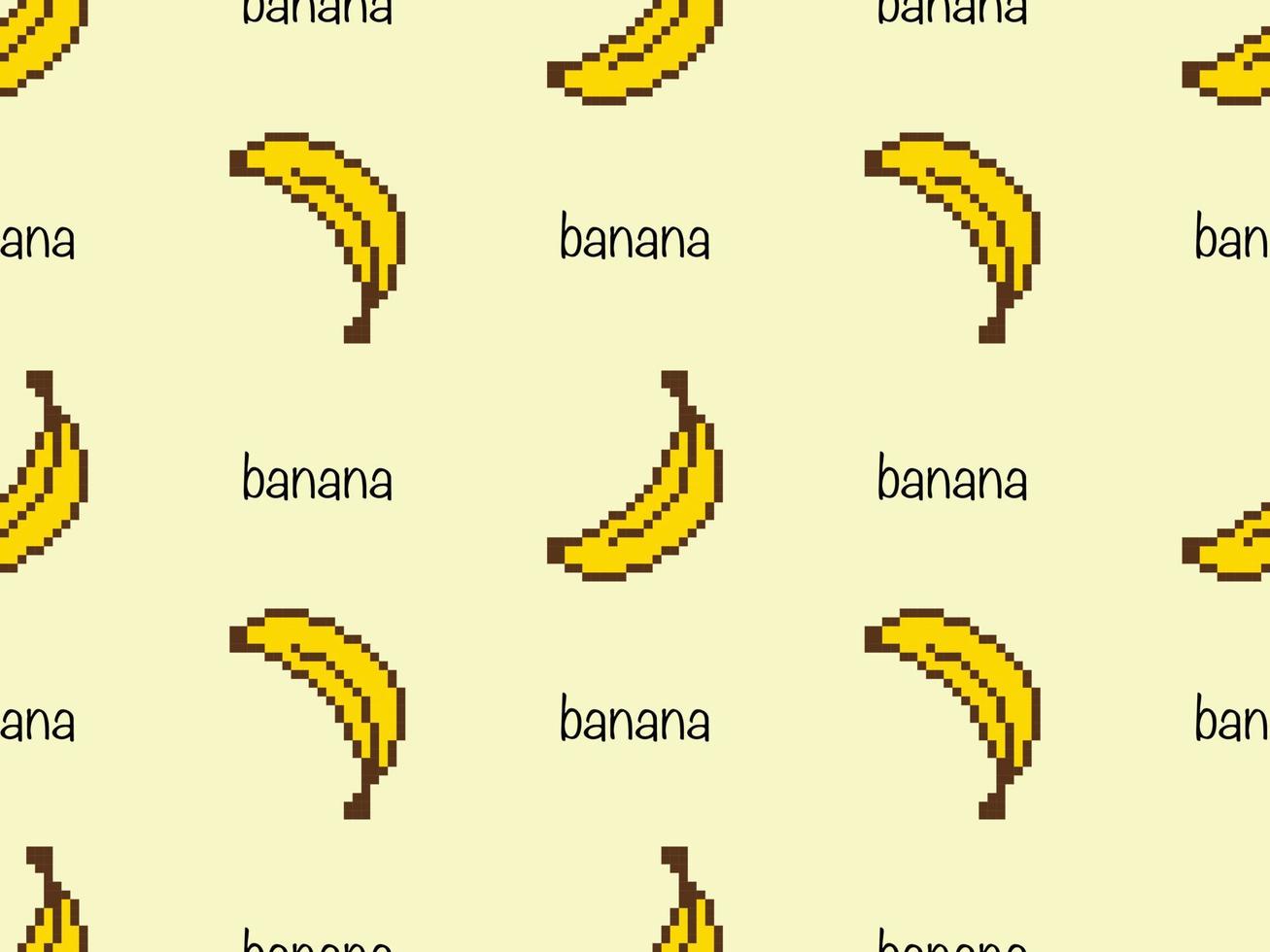 Banana cartoon character seamless pattern on yellow background. Pixel style vector