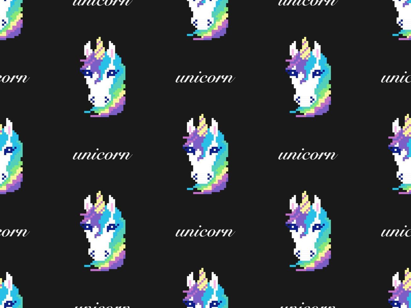 Unicorn cartoon character seamless pattern on black background. Pixel style vector