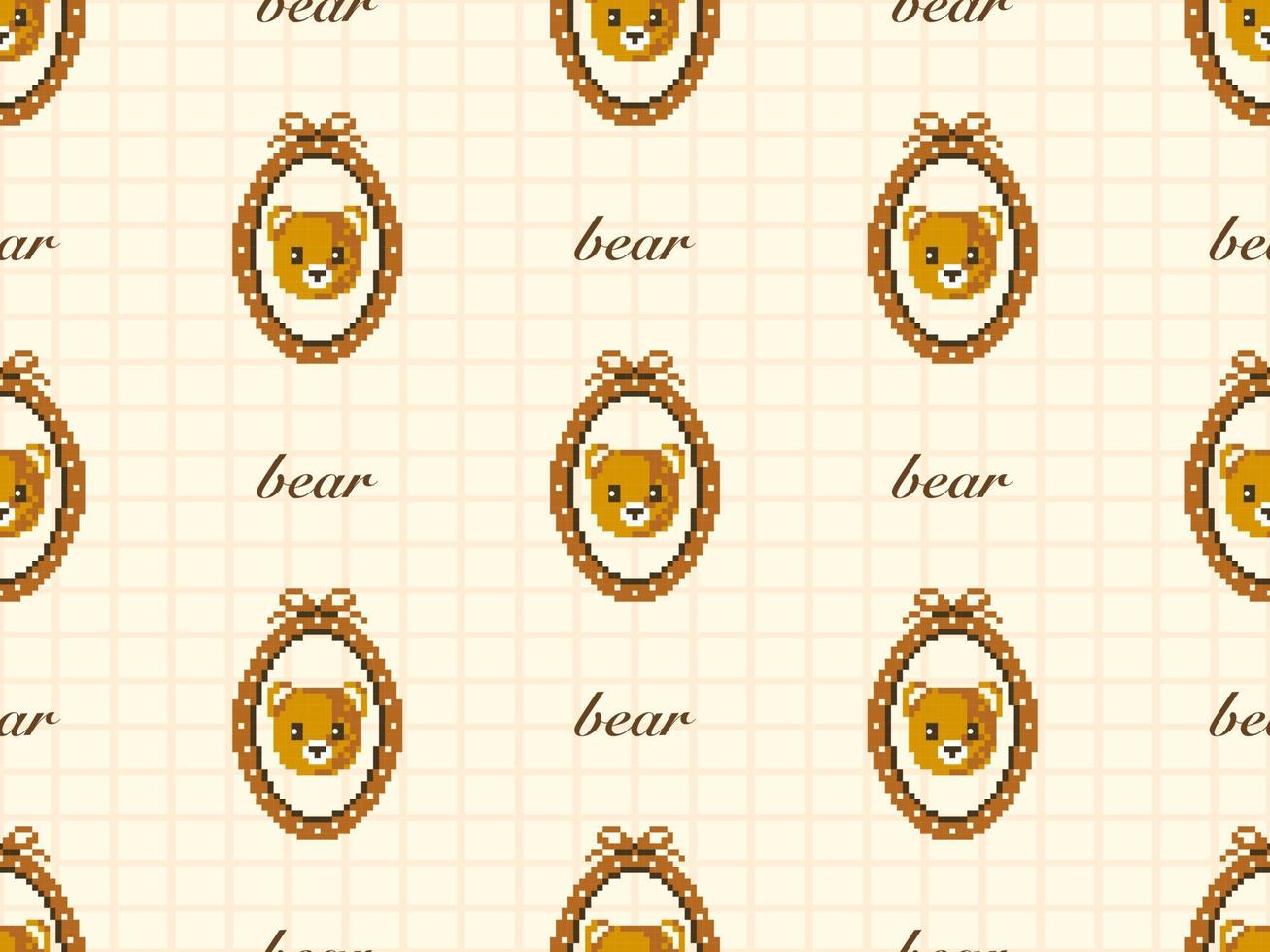 Bear cartoon character seamless pattern on yellow background. Pixel style vector