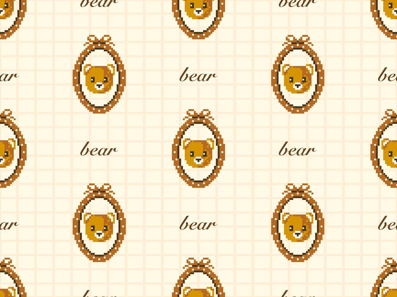 Bear cartoon character seamless pattern on yellow background. Pixel style vector