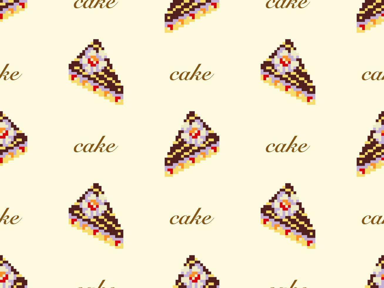 Cake cartoon character seamless pattern on yellow background. Pixel style vector