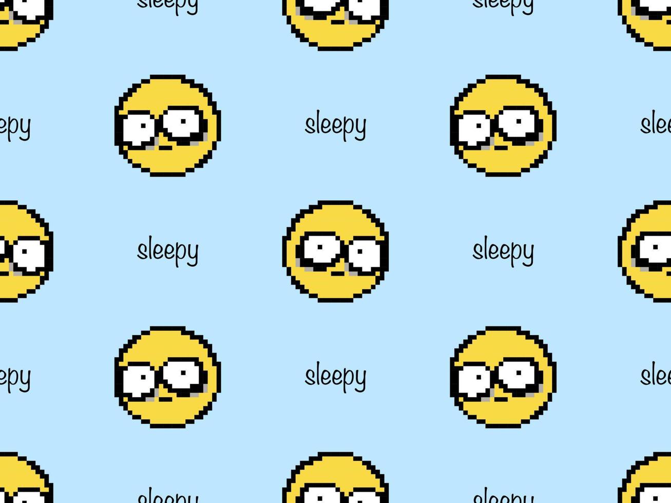 Sleepy emoji cartoon character seamless pattern on blue background. Pixel style vector