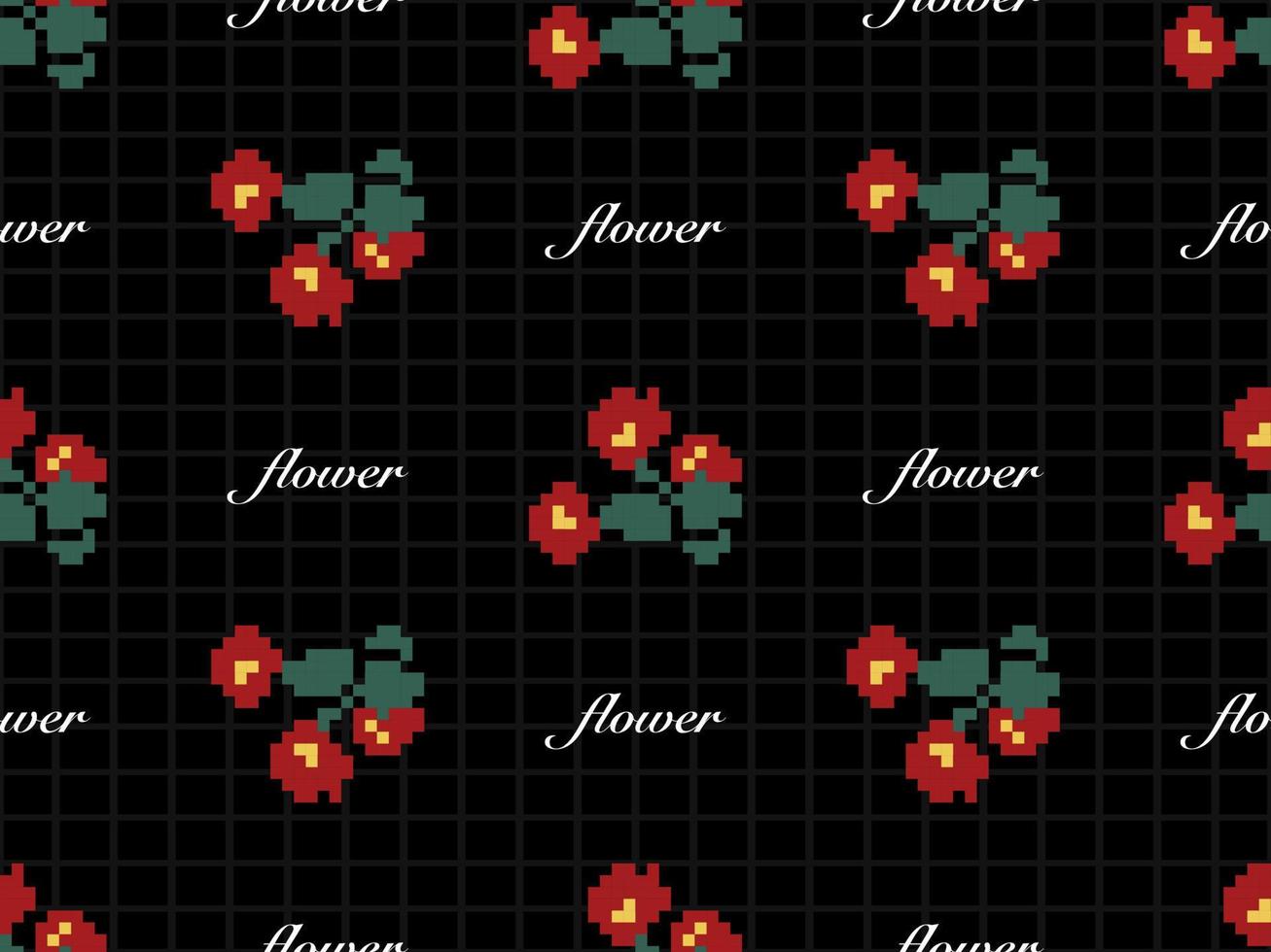 Flower cartoon character seamless pattern on black background. Pixel style vector
