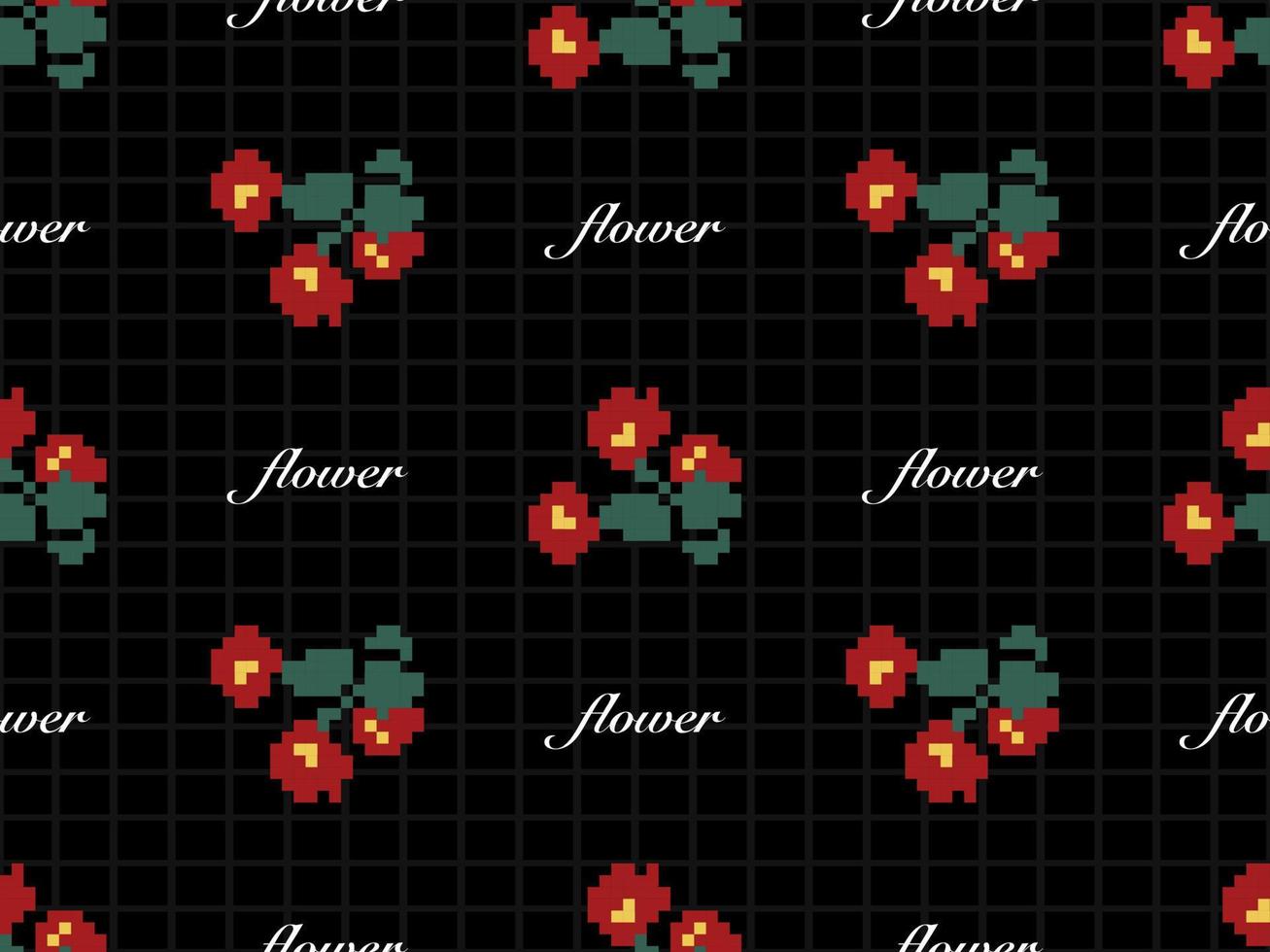 Flower cartoon character seamless pattern on black background. Pixel style vector