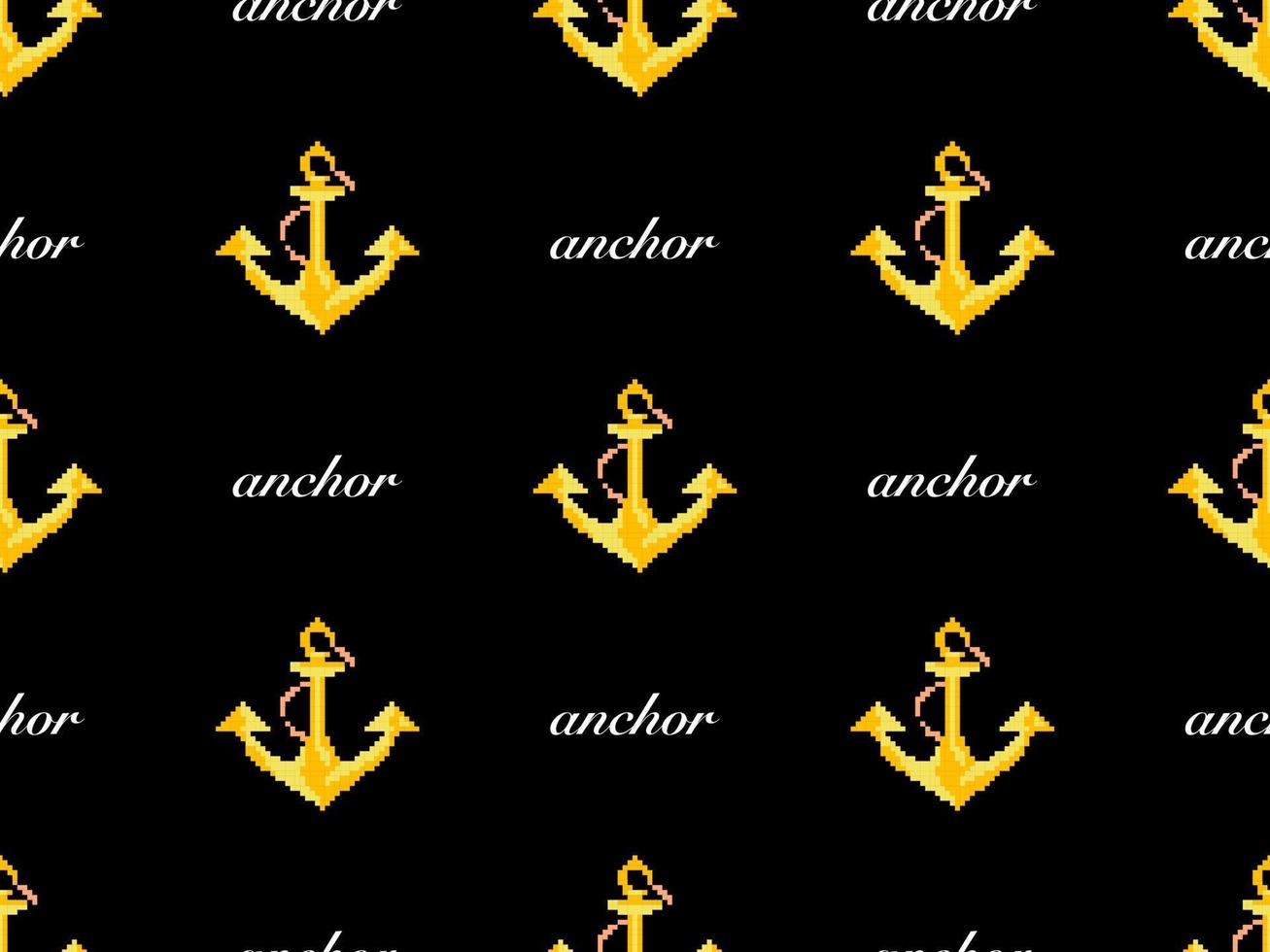 Anchor cartoon character seamless pattern on black background. Pixel style vector