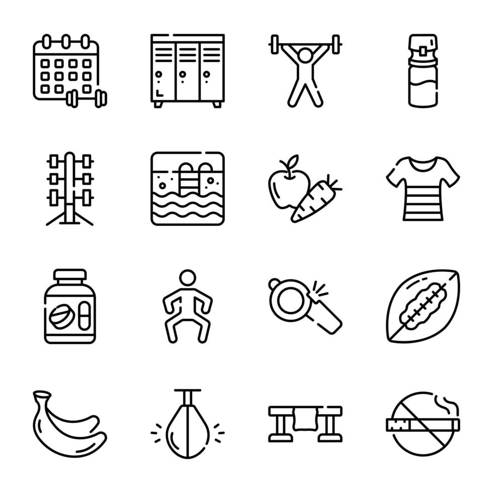 Set of Fitness and Gym Accessories Linear Icons vector