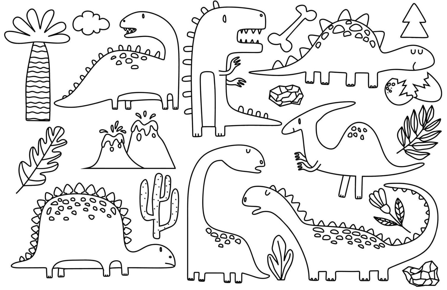 doodle of Cute dinosaurs and tropic plants.  Funny cartoon dino set. Hand drawn vector doodle set for kids