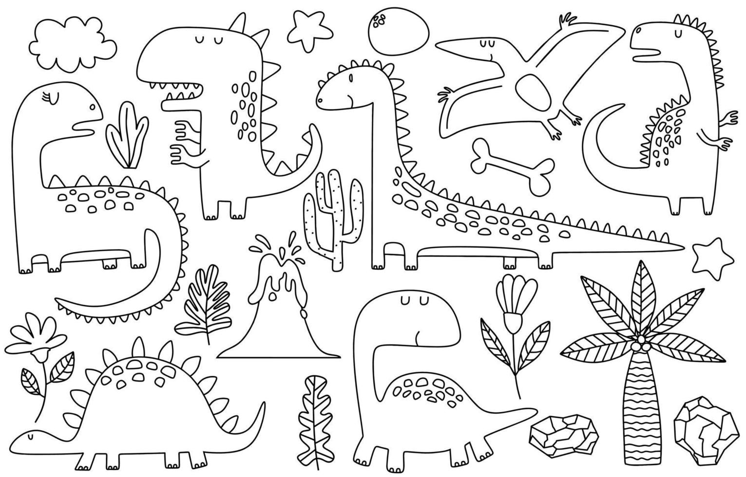 doodle of Cute dinosaurs and tropic plants.  Funny cartoon dino set. Hand drawn vector doodle set for kids